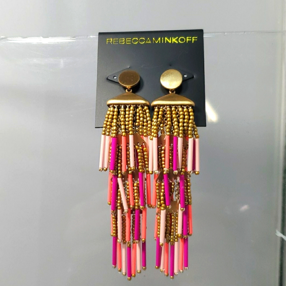 Rebecca Minkoff Beaded Fringe Drama Earrings (Pink Multi)